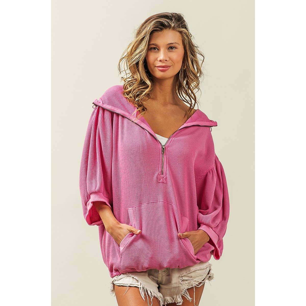 Three-Quarter Puff Sleeve Half Zip Washed Waffle Thermal Hoodie