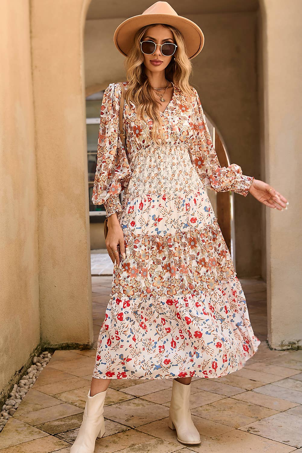 Floral Print Ruffled Tiered Long Sleeve Midi Dress
