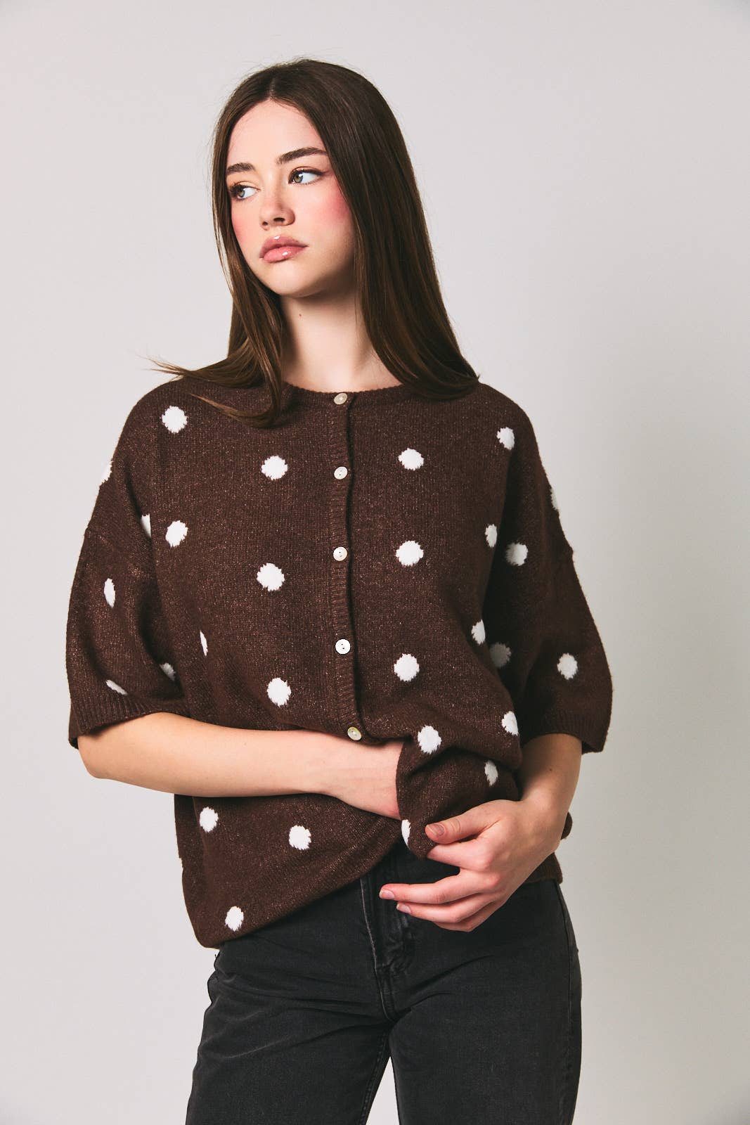 SHORT SLEEVE CREW NECK POLKA DOT SWEATER CARDIGAN