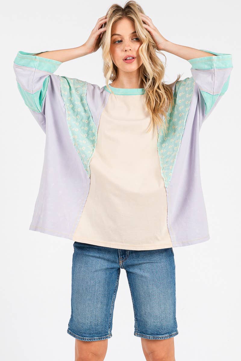 Mineral Washed Floral Patch Oversized Top