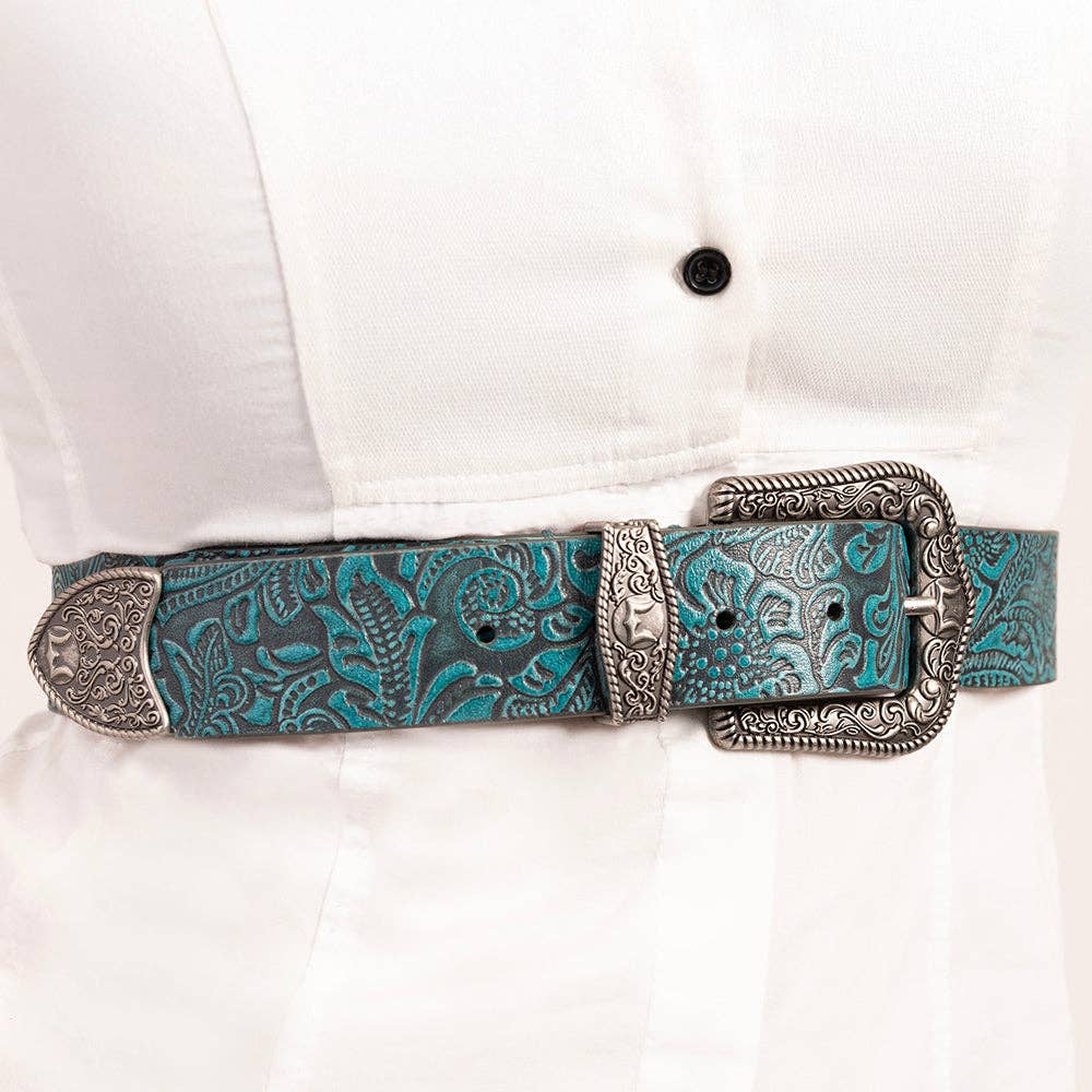 Sophia Turquoise Floral Embossed Leather Belt