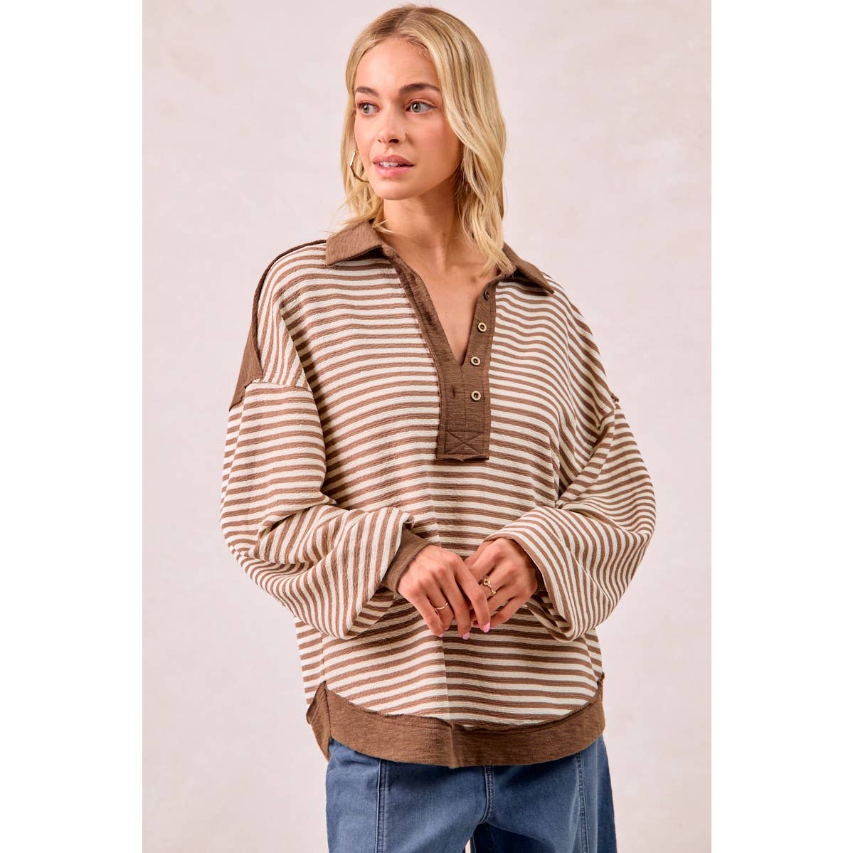 SLUB KNIT AND STRIPES MIX AND MATCH COLLARED TOP