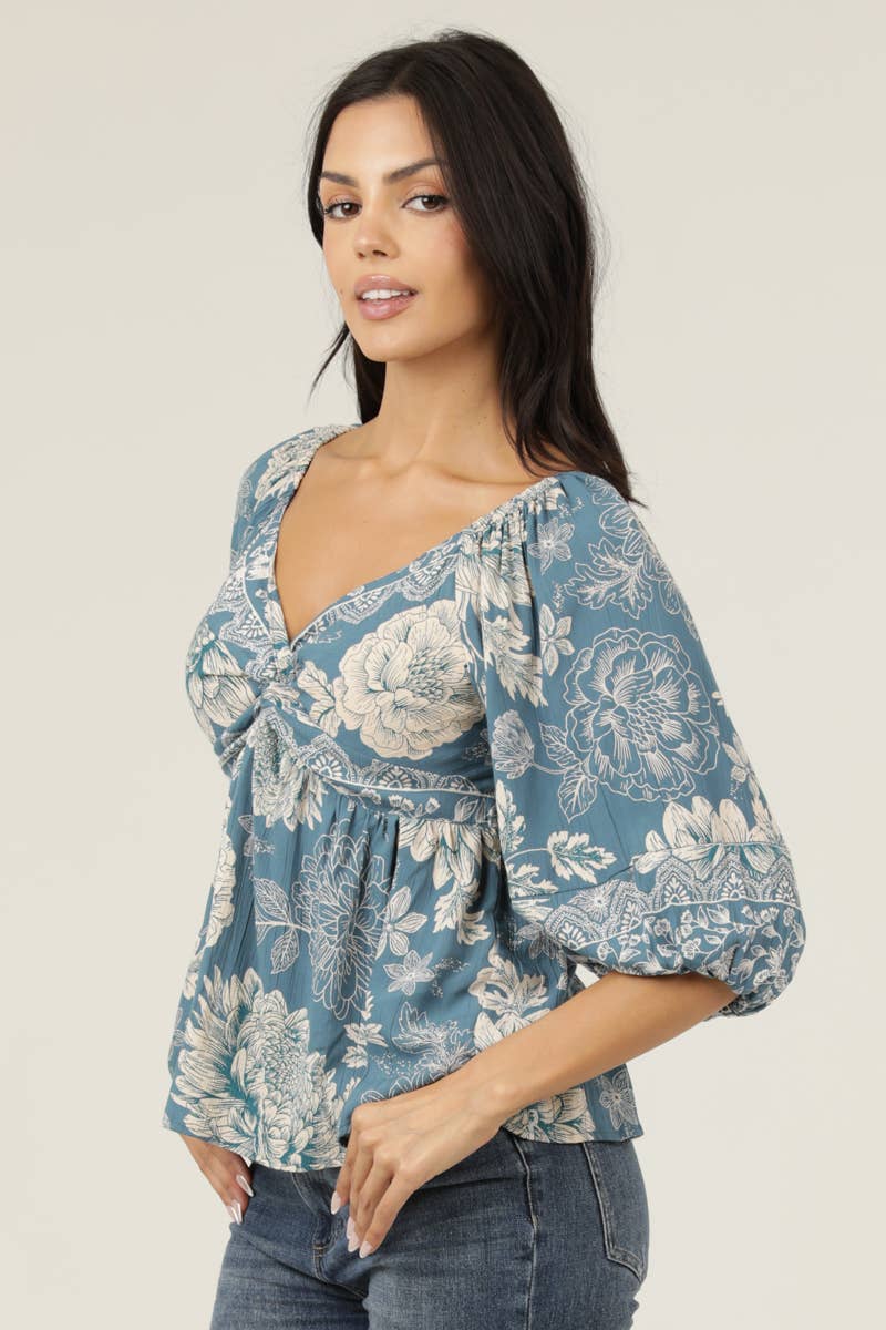 Twist Front Floral Print Blouse
