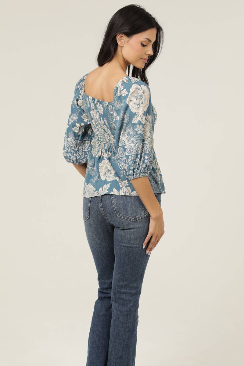 Twist Front Floral Print Blouse