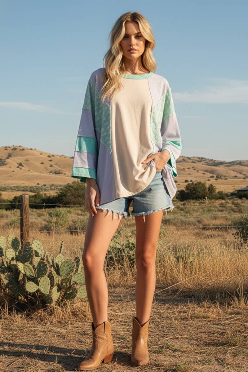Mineral Washed Floral Patch Oversized Top