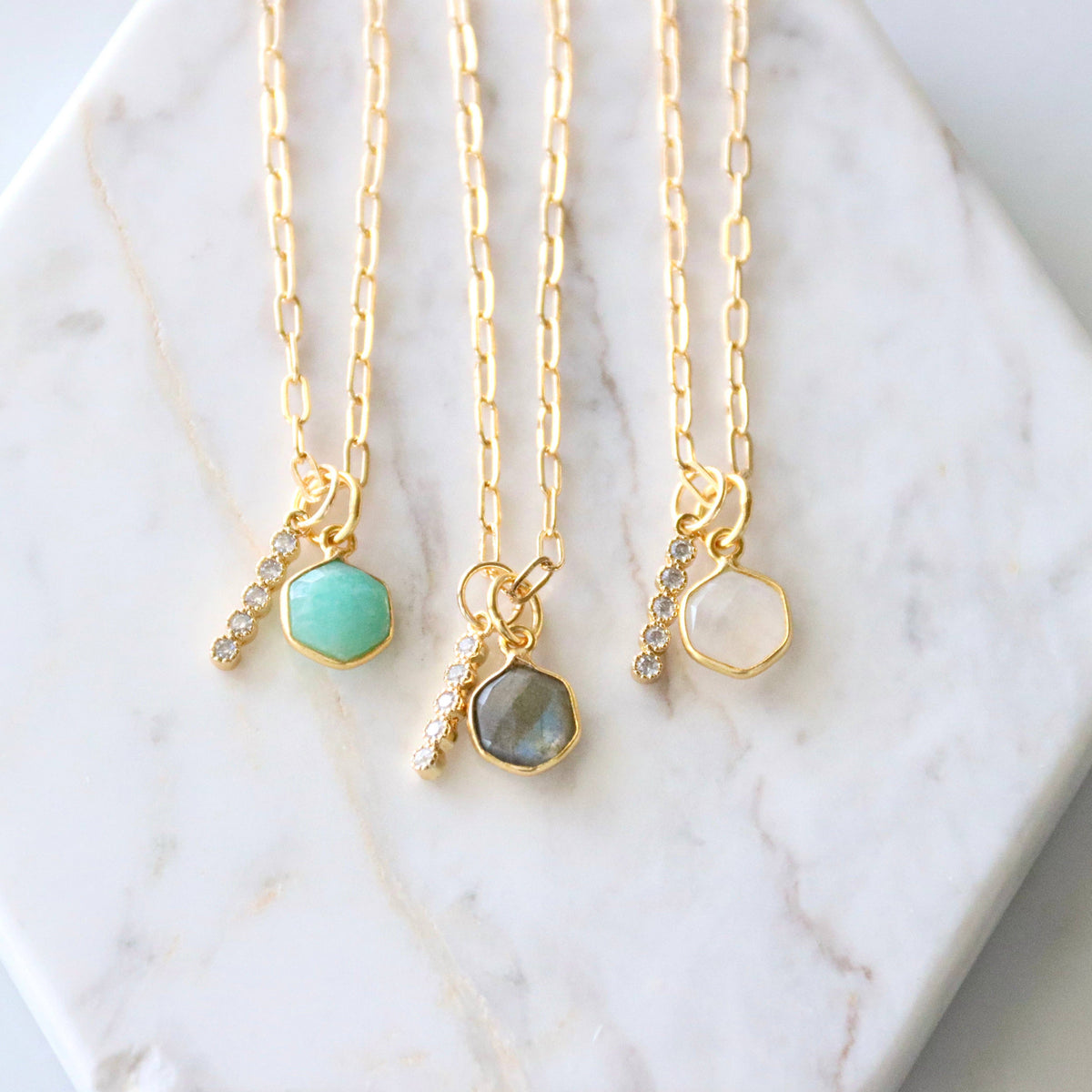 Oasis Stone Duo Drop Necklace - Amazonite, Labradorite, Moonstone