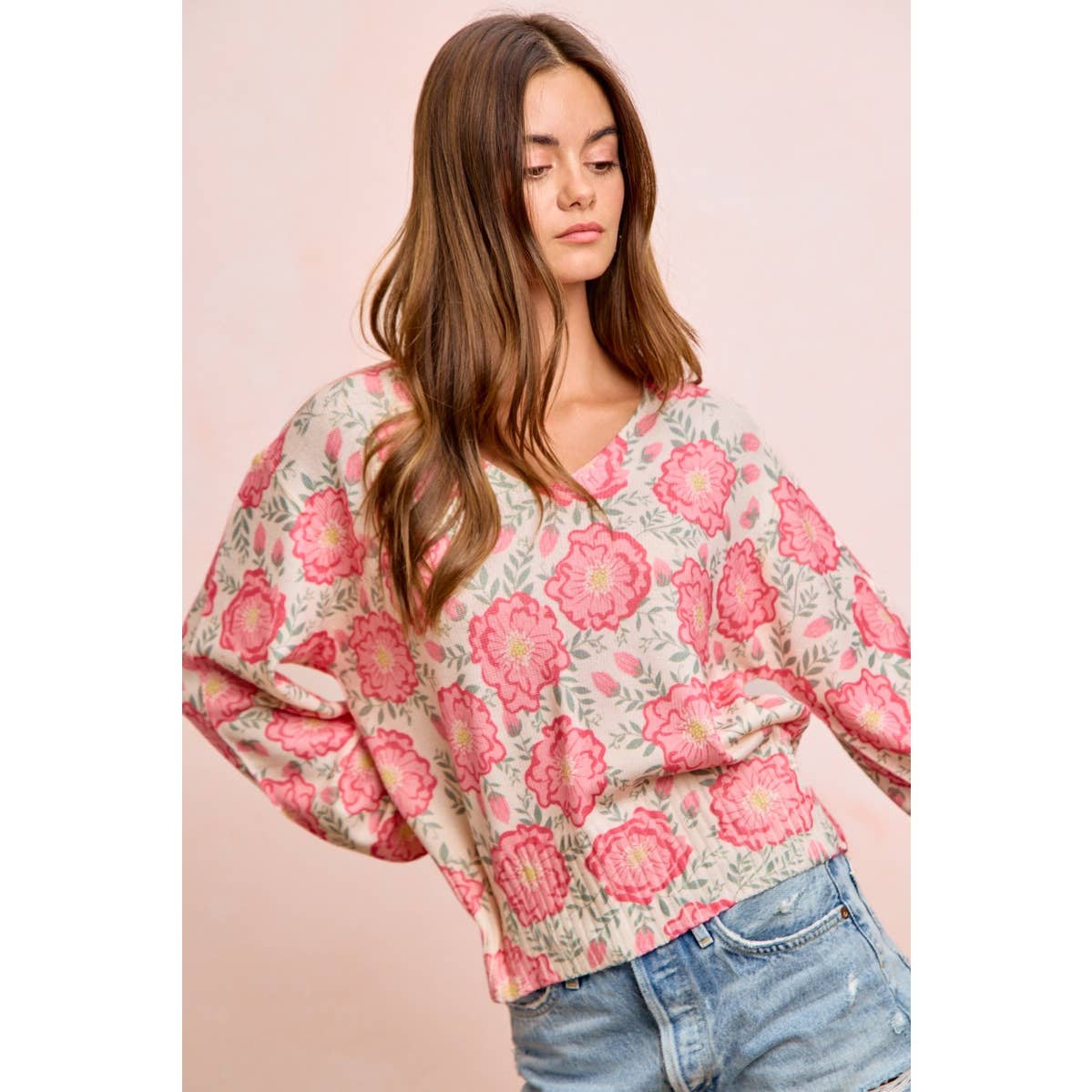 Flower Printed V-Neck Knit Top with Balloon Sleeves