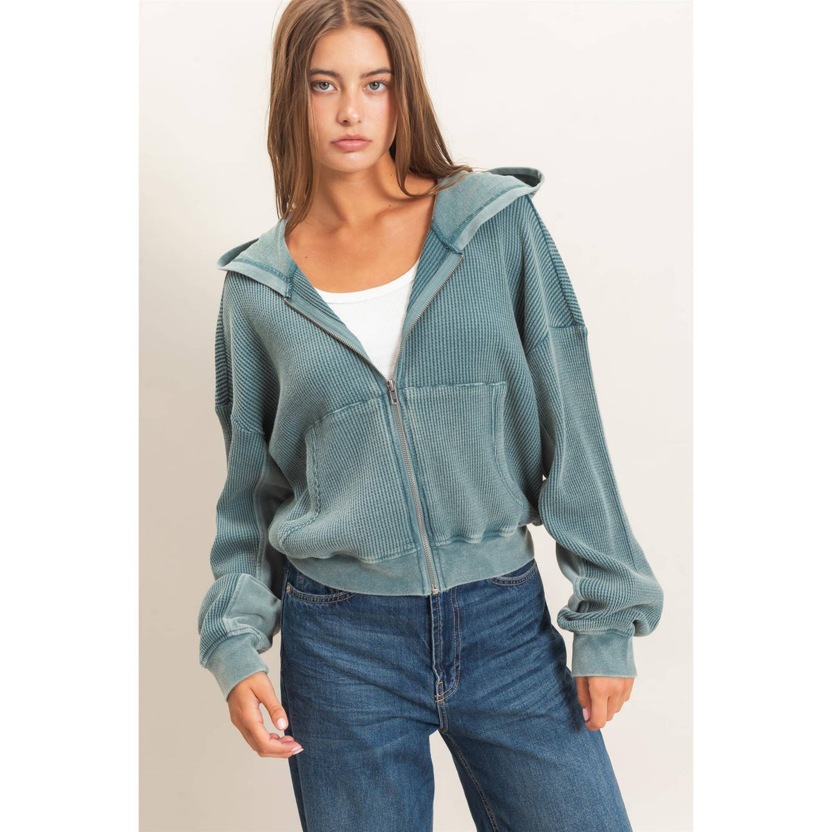 Acid Wash Waffle Knit Zip-Up Hoodie