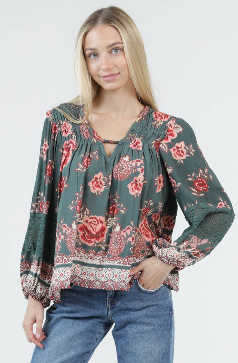Floral V-Neck Ruffle Long Sleeve Top