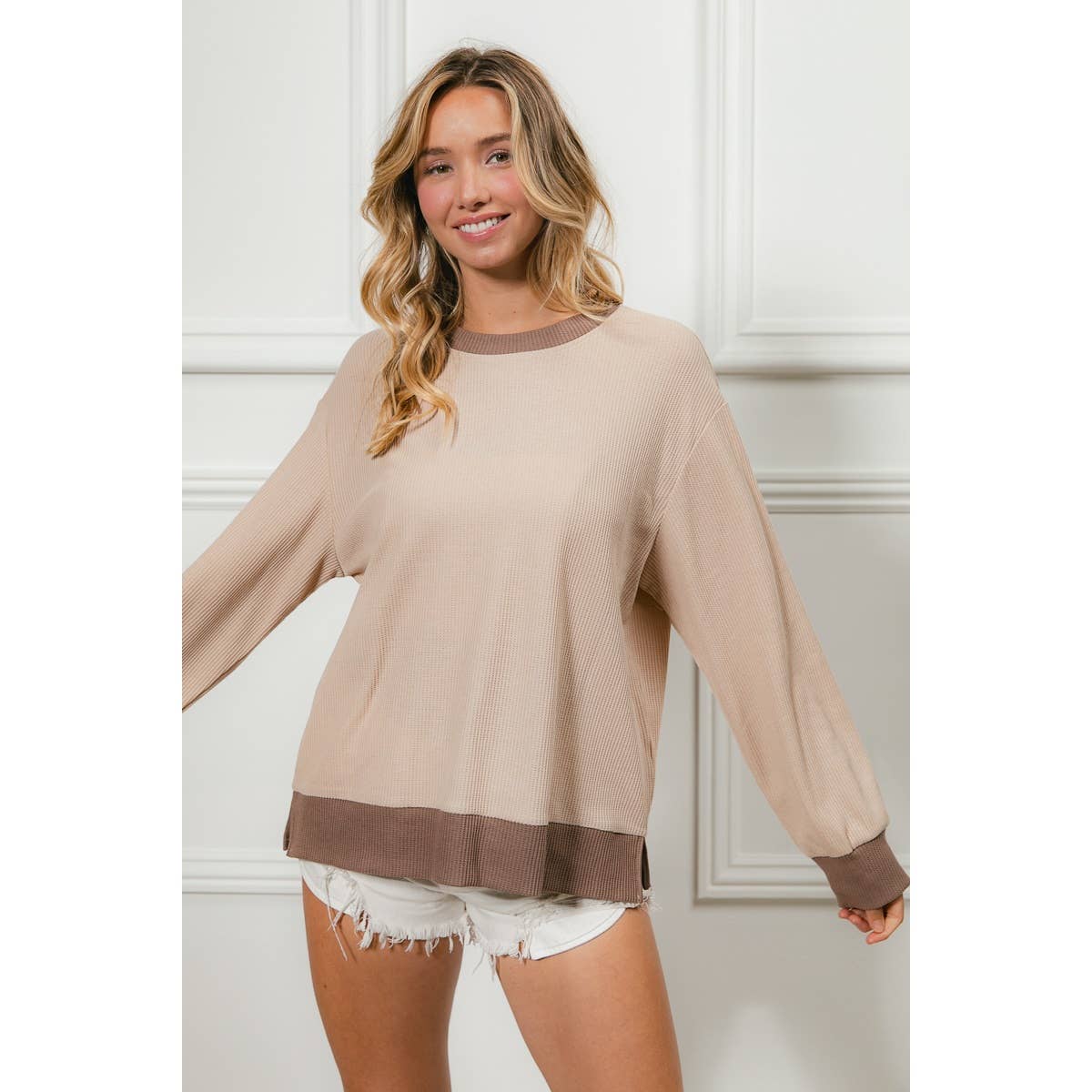 Color Block Waffle Thermal Pullover