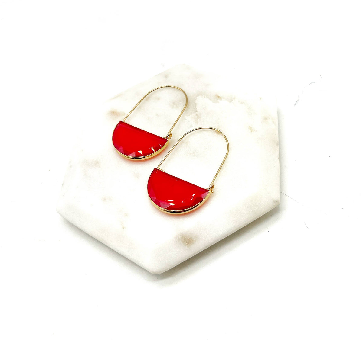 Red Crimson Gold Gem Hoop Earrings