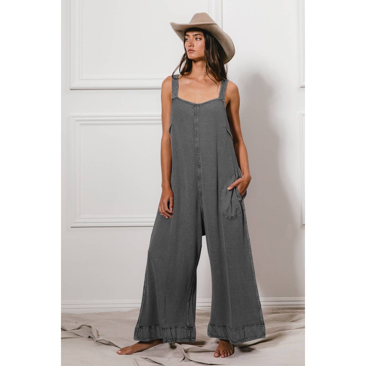 Vintage-Wash Waffle Wide-Leg Overalls