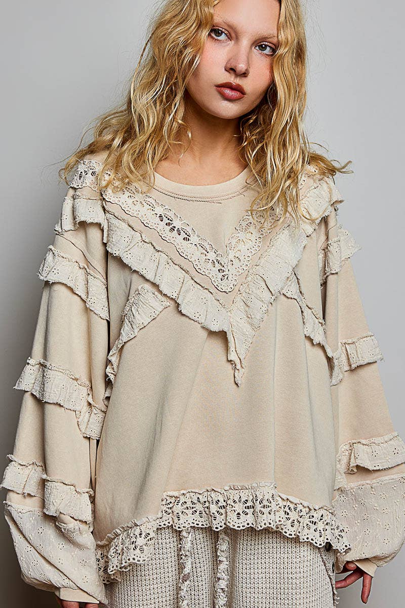French Terry Eyelet Ruffle Vintage Washing Solid Knit Top