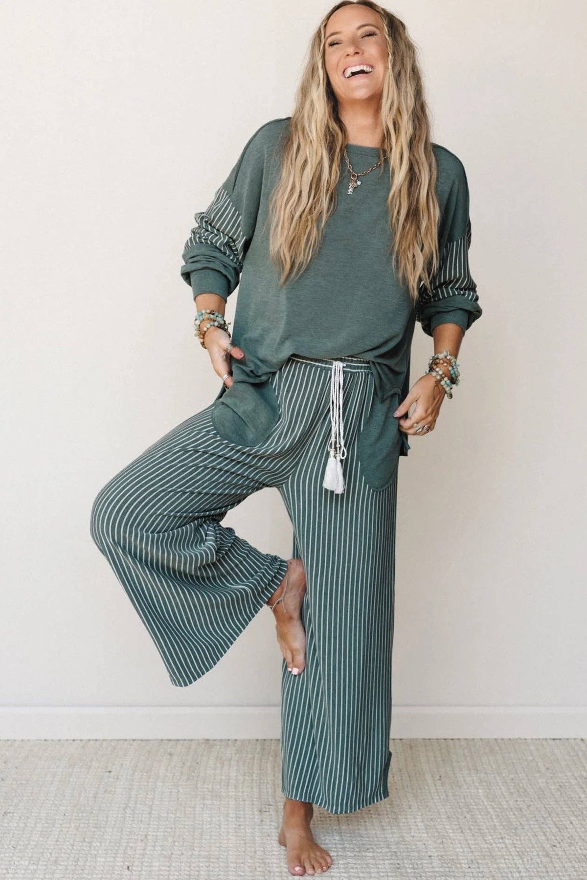 Striped Patchwork Long Sleeve Top & Casual Pants Set