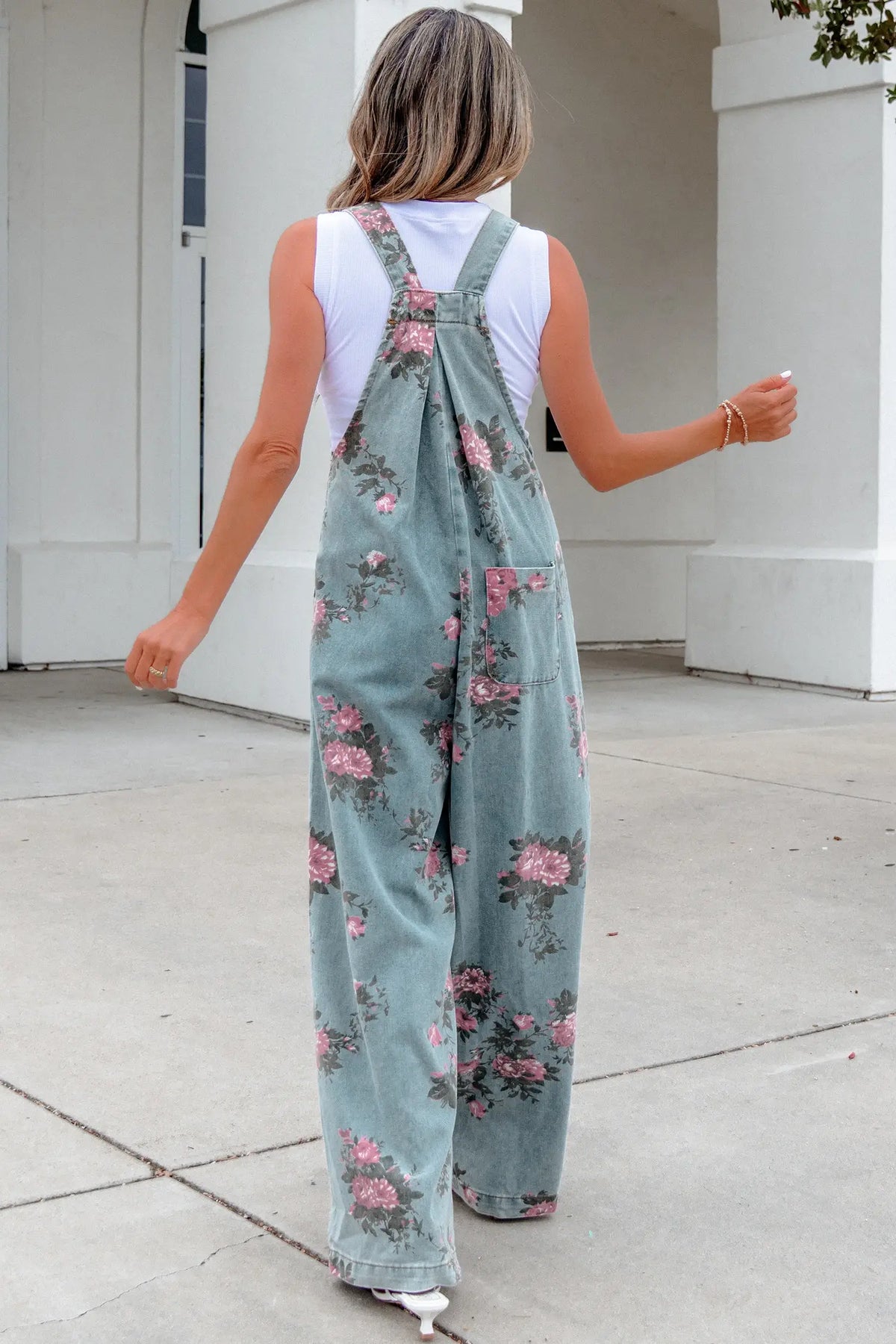 Floral Print Wide-Leg Denim Overalls
