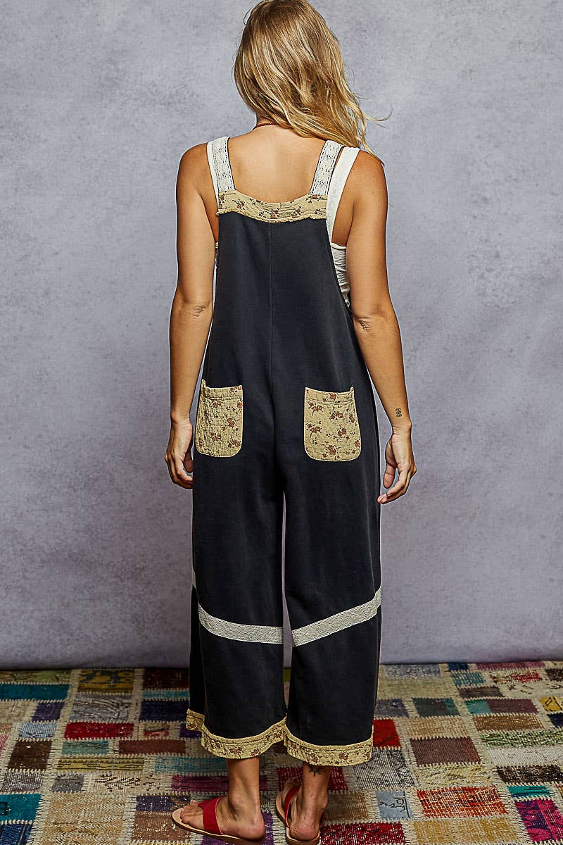 Vintage-Wash French Terry Patchwork Overalls