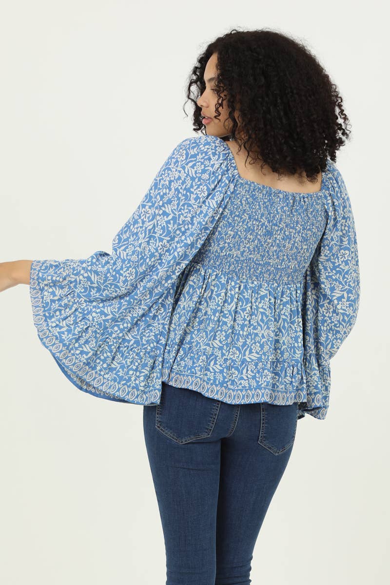 V-Neck Smocked Bust Wide Sleeve Blouse