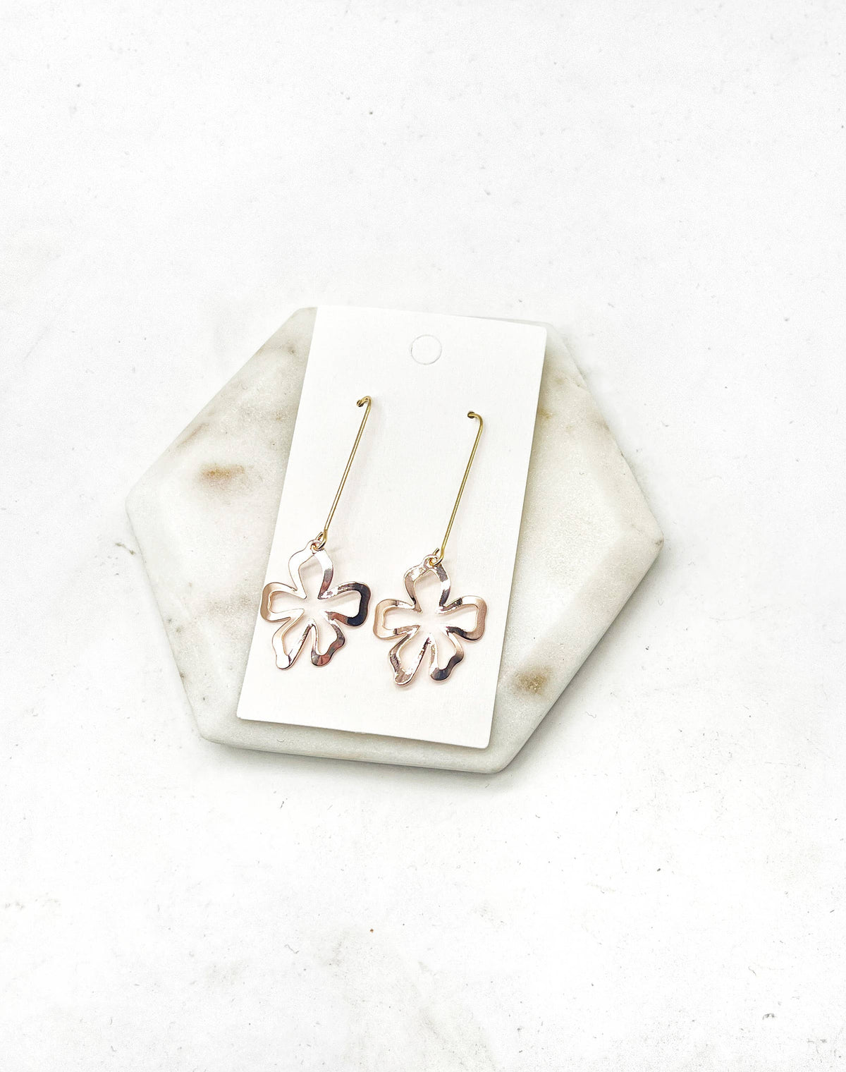 Rose Gold Metal Flower Gold Long Drop Earrings Floral