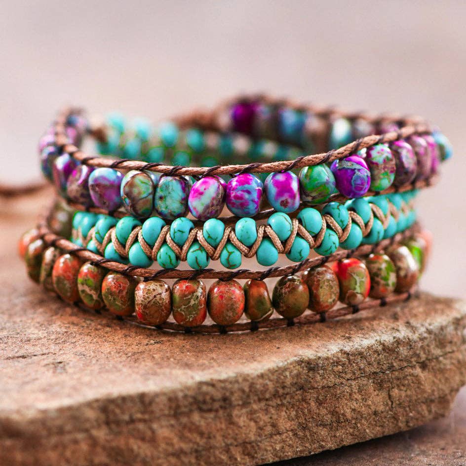 Leather Cord Wrap Bracelet, Healing Stone Bracelet - 7509