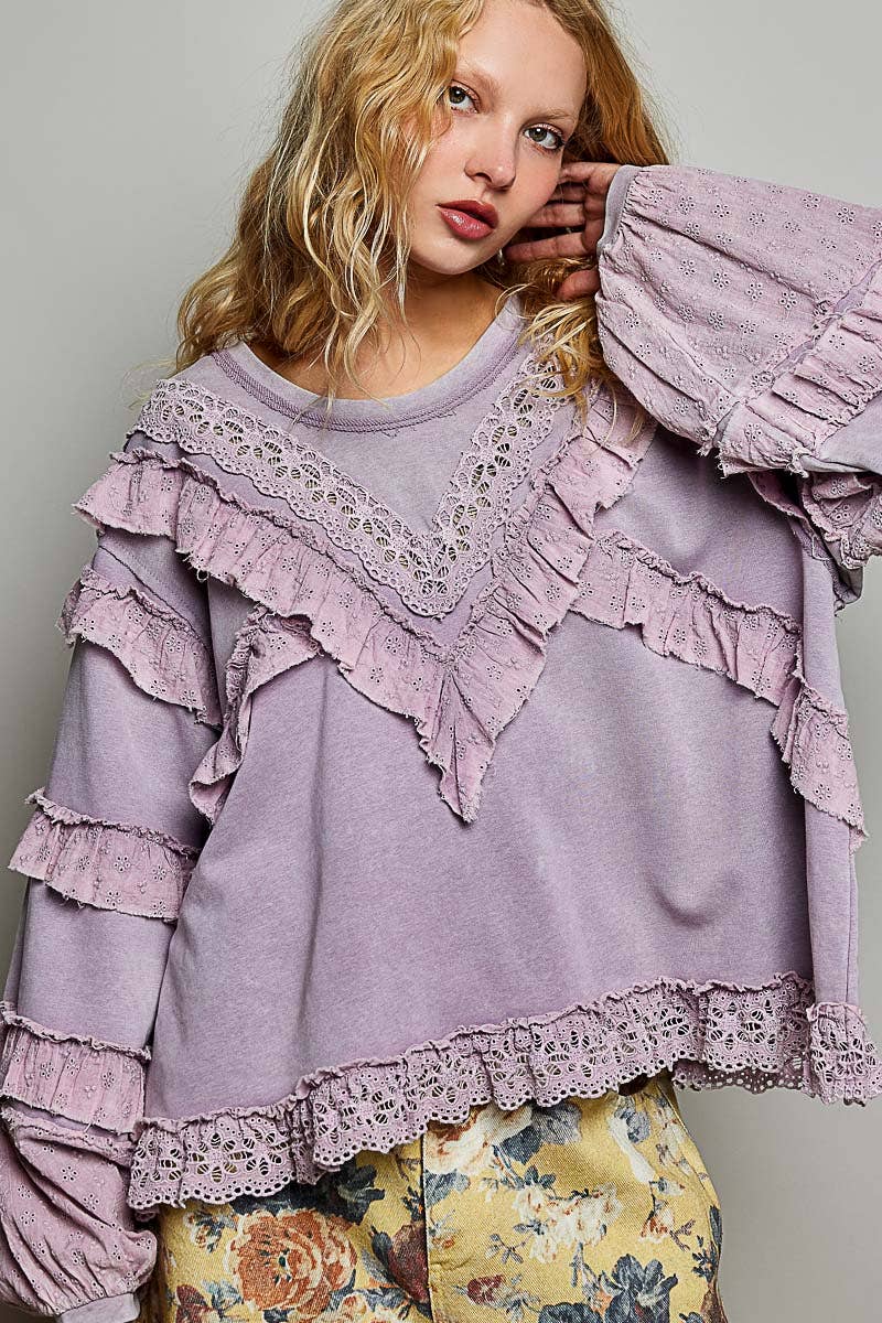 French Terry Eyelet Ruffle Vintage Washing Solid Knit Top