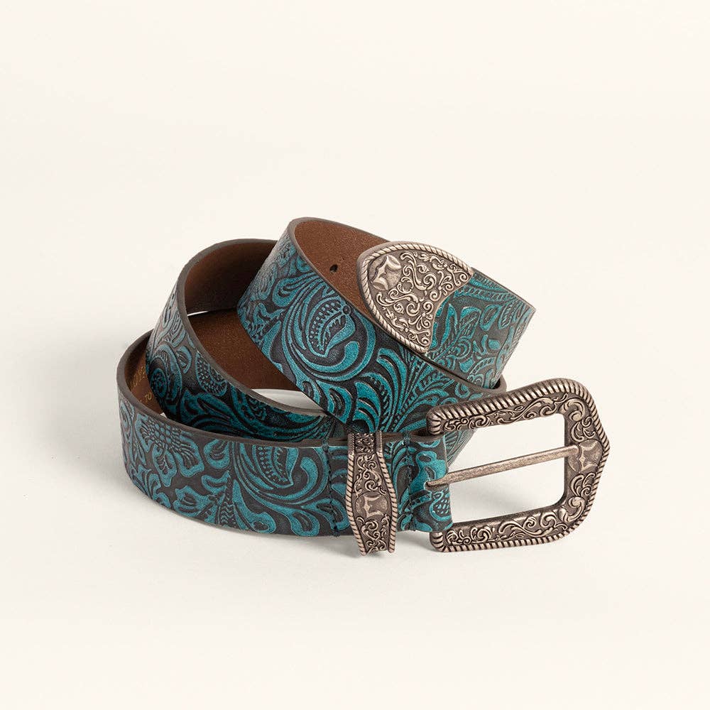 Sophia Turquoise Floral Embossed Leather Belt