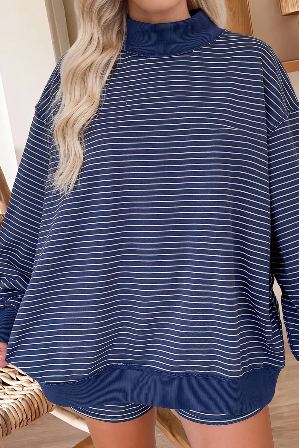 Stripe Mock Neck Pullover & Matching Shorts Set