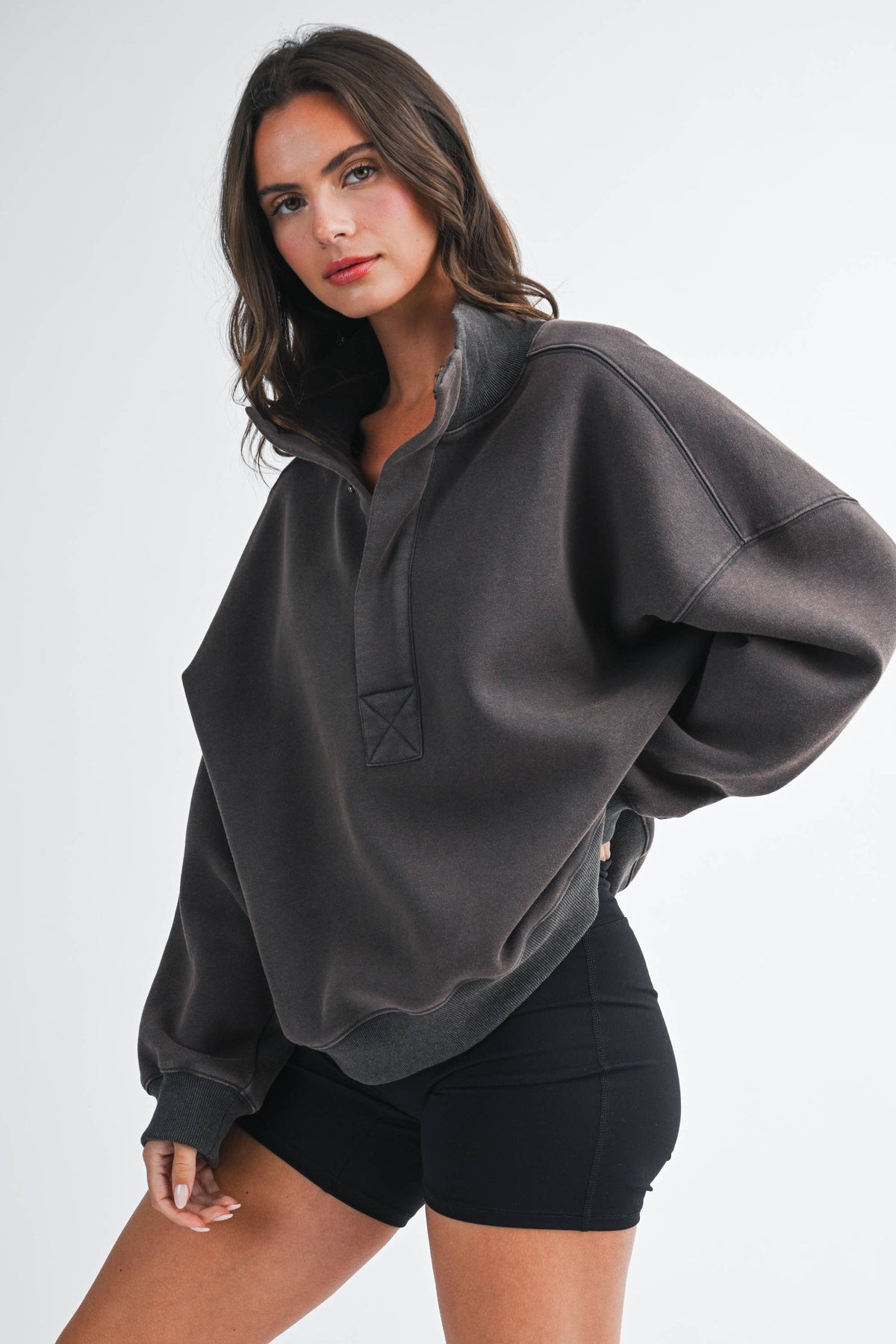 Oversized Snap Neck Pullover Sweatshirt