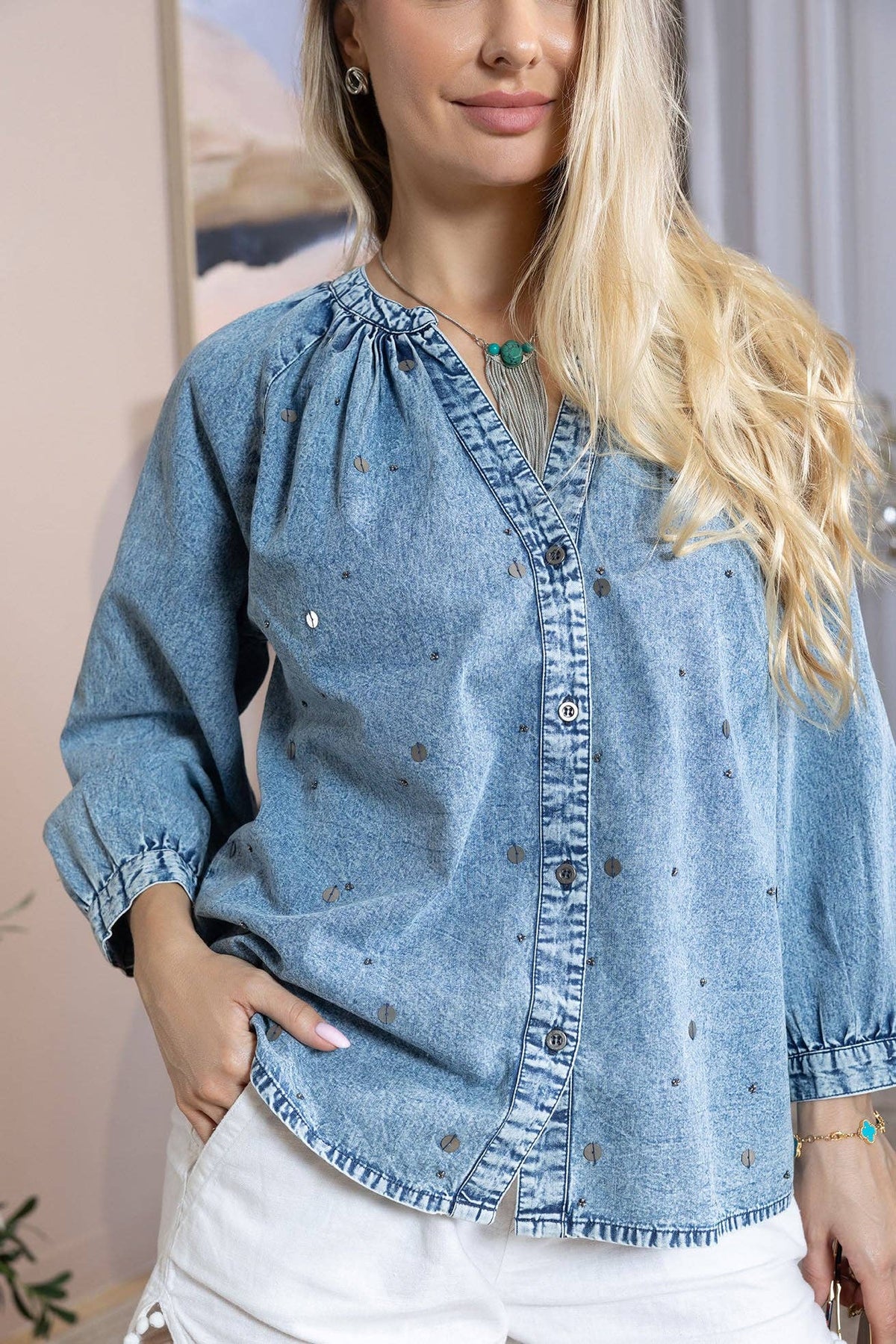 Washed Blue Stardust Embroidered Top