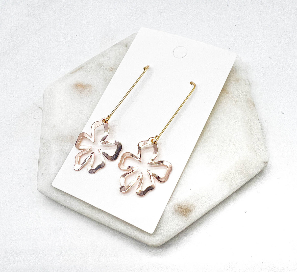 Rose Gold Metal Flower Gold Long Drop Earrings Floral