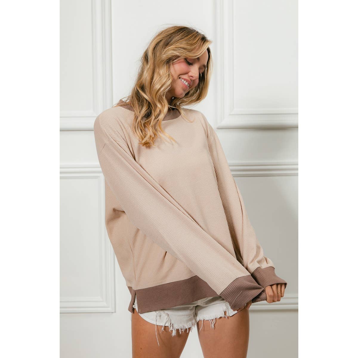 Color Block Waffle Thermal Pullover