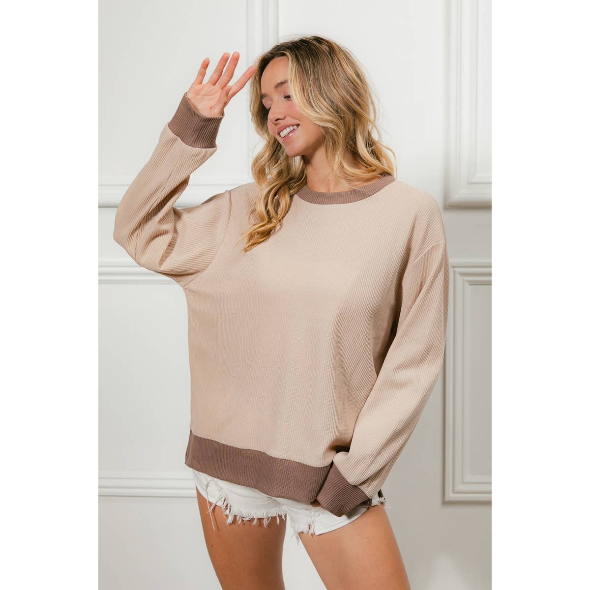 Color Block Waffle Thermal Pullover