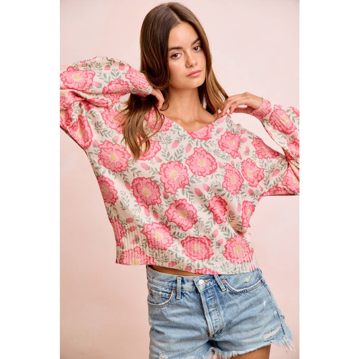 Flower Printed V-Neck Knit Top with Balloon Sleeves