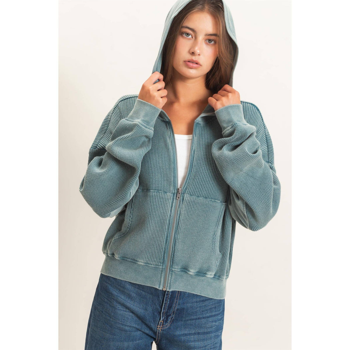 Acid Wash Waffle Knit Zip-Up Hoodie