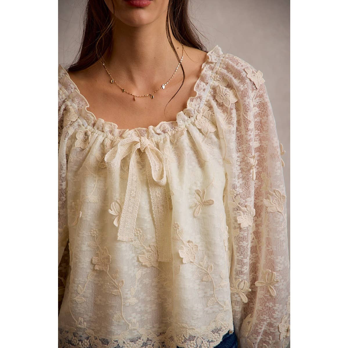 3D Floral Lace Scallop Edge Long Sleeve Blouse