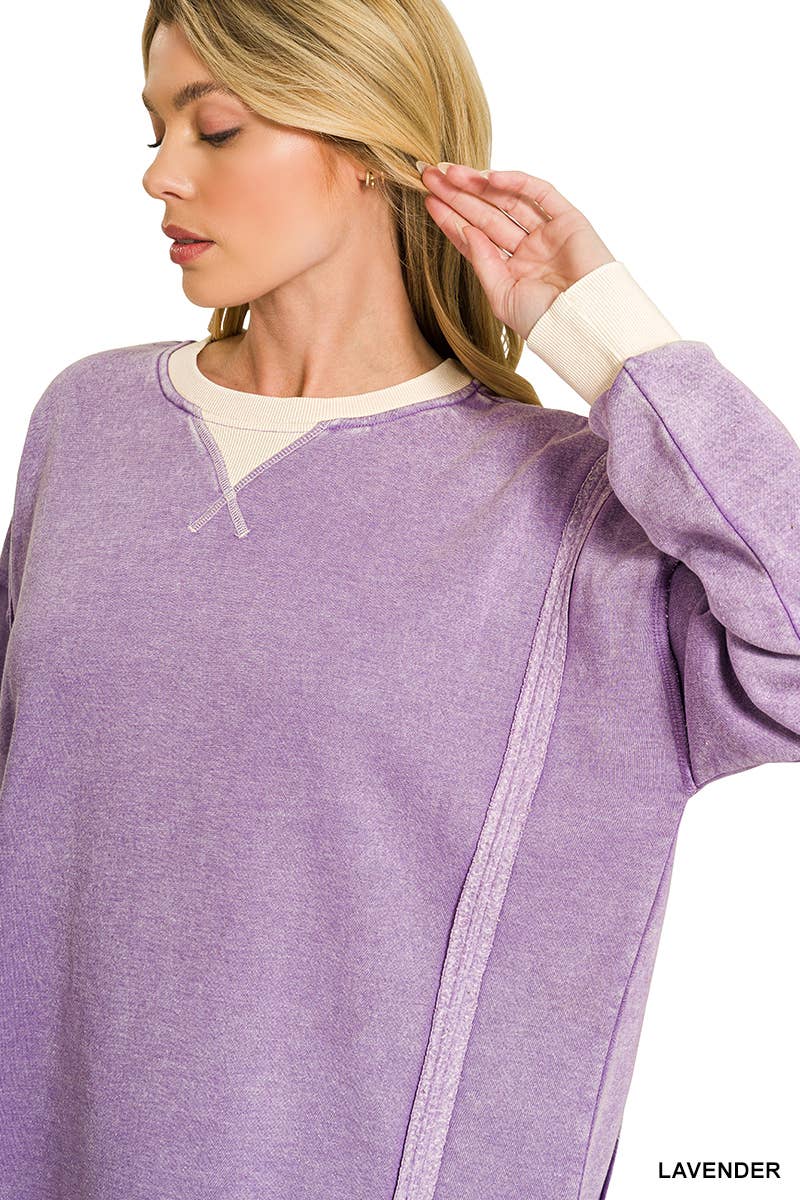 Fleece Acid Washed Contrast Trim Oversized Pullover