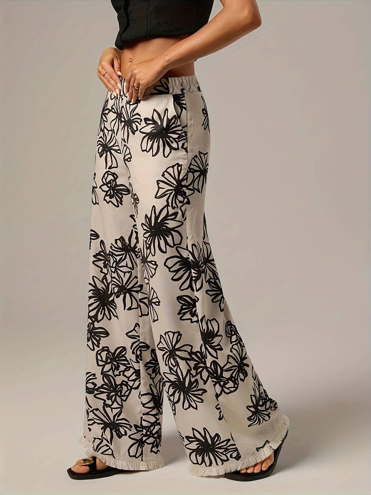 Plant Print Wide-Leg Pants with Frayed Hem