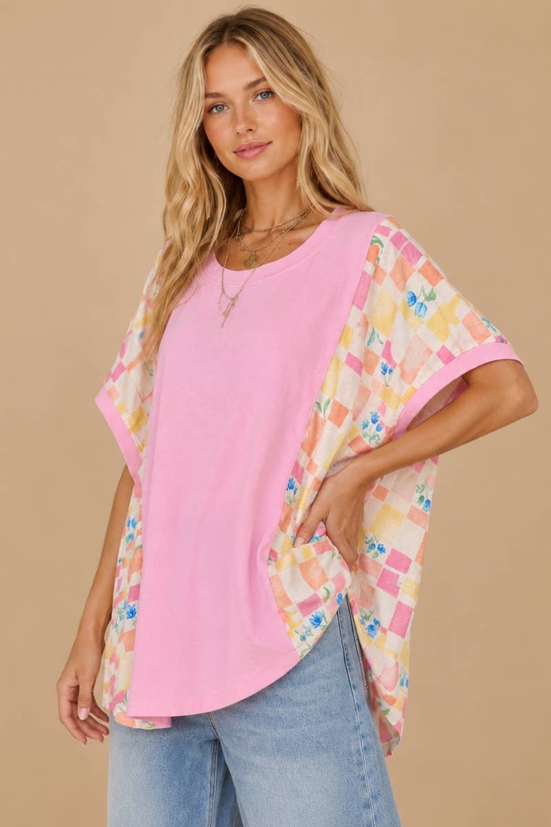 Floral Checkered Mixed-Media Top