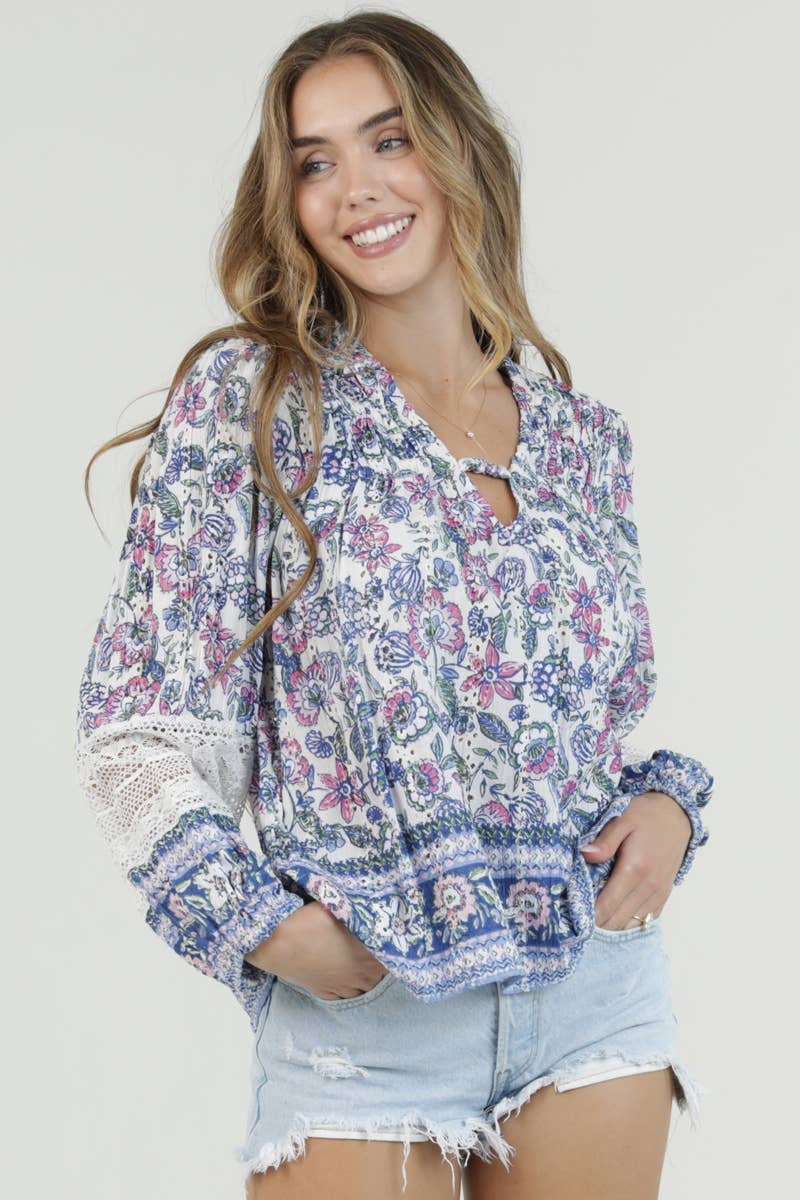 Eyelet Embroidered Printed Lace Trim Blouse