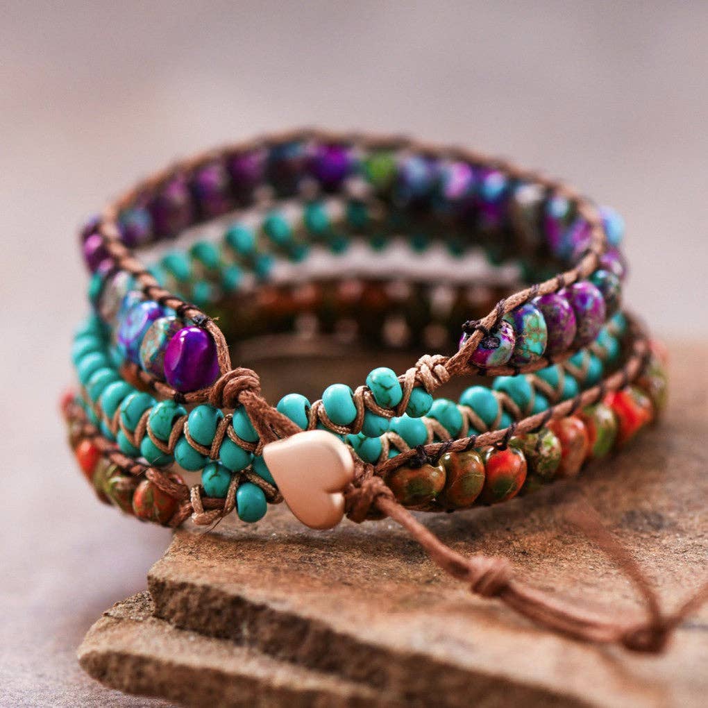 Leather Cord Wrap Bracelet, Healing Stone Bracelet - 7509