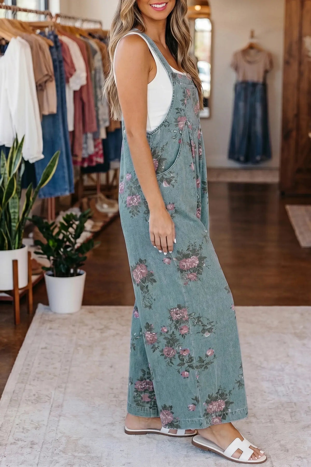 Floral Print Wide-Leg Denim Overalls