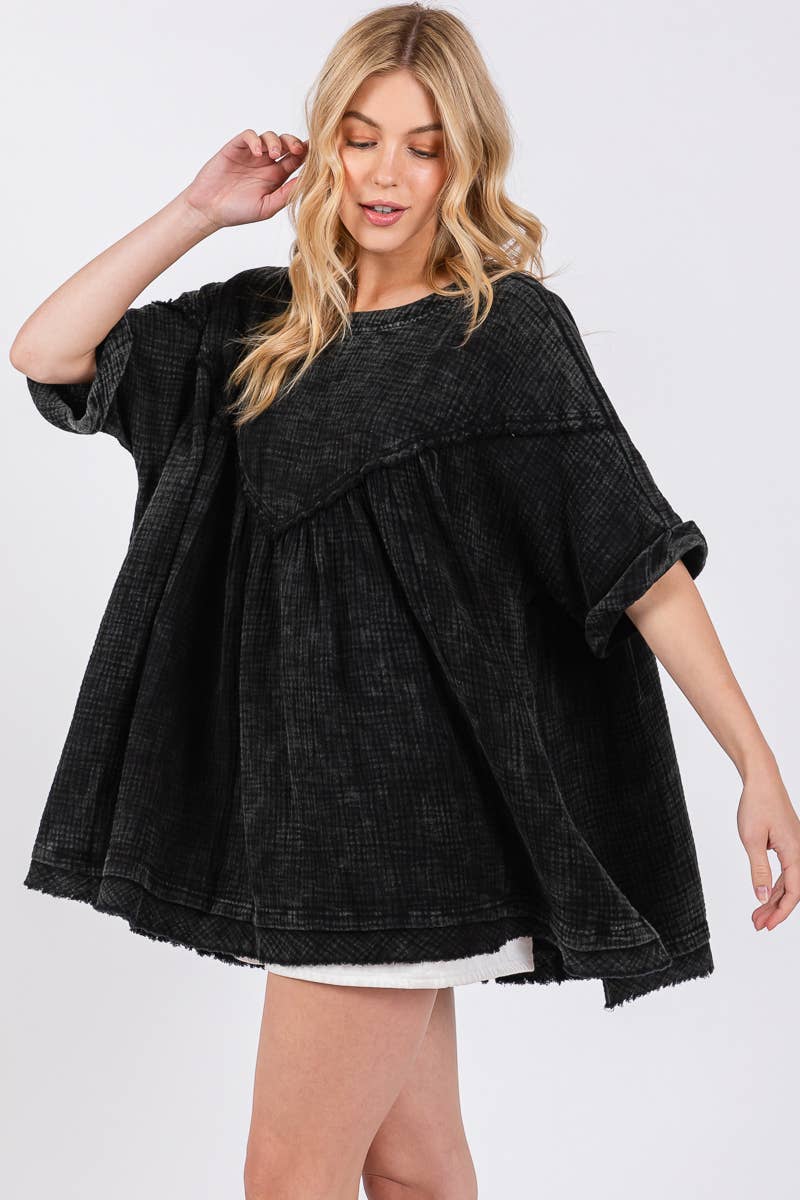 Mineral Washed Fringe Hem Oversizes Top
