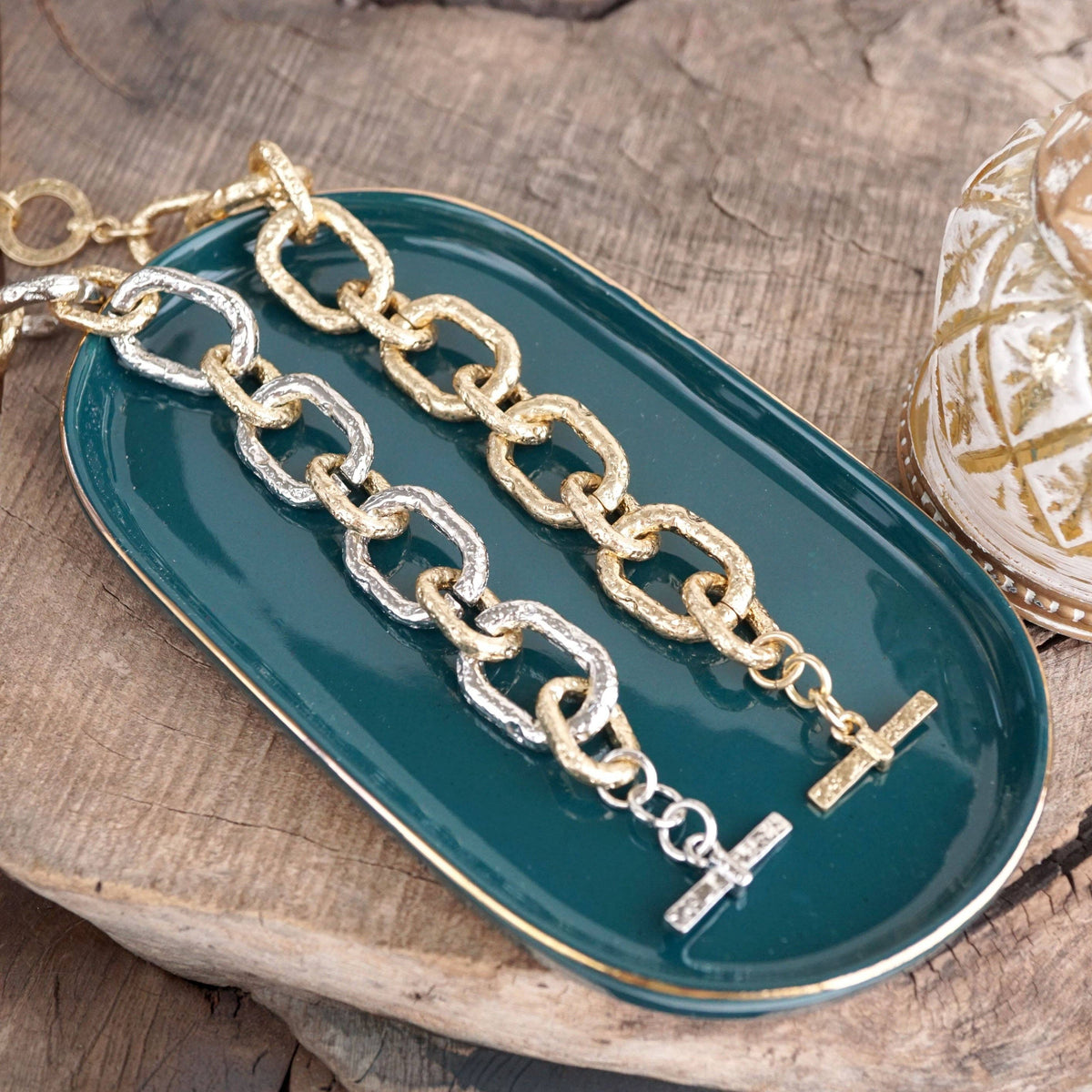 Chunky Chain Rectangle Link Bracelet Worn Gold Silver - Luxe Link