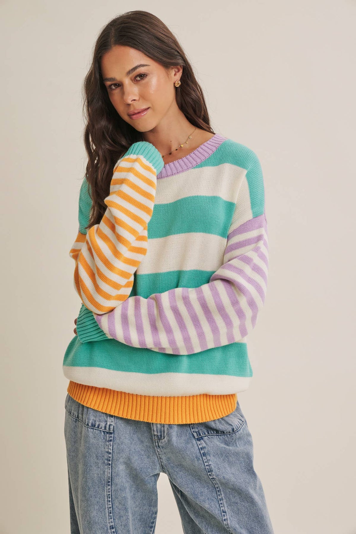 Bold Heritage-Inspired Color Block Cotton Sweater Top