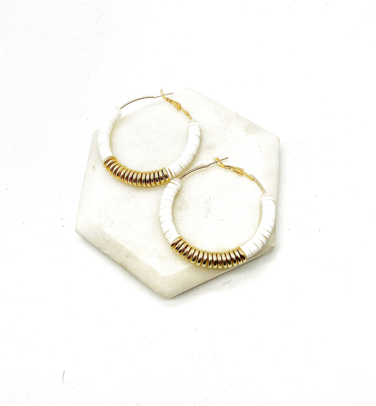 White Gold Heishi Hoop Earrings