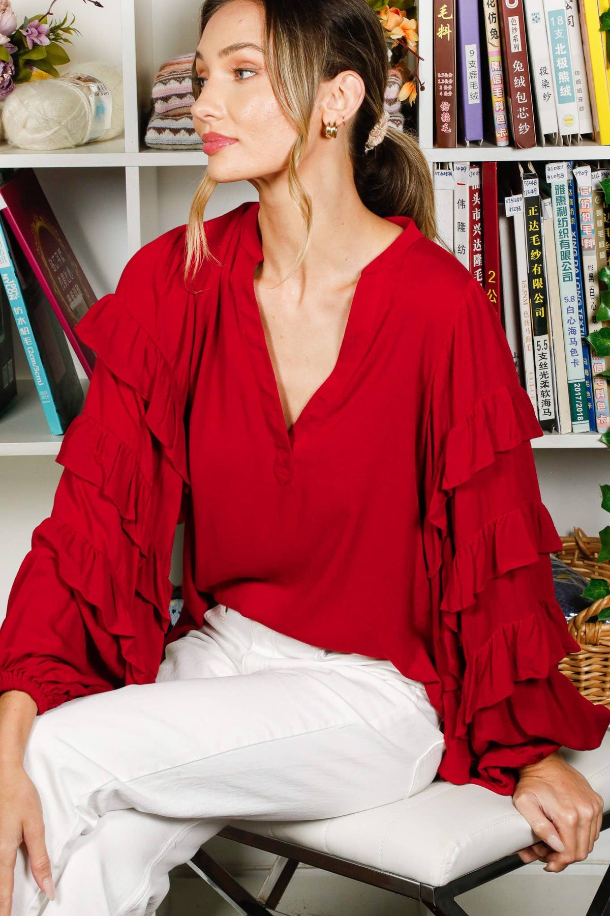 Henley Neck Long Puff & Ruffle Design Woven Blouse