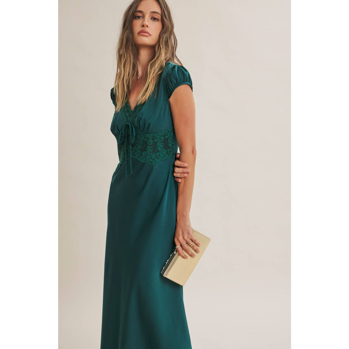 Graceful Drape Bias Cut Silky Satin Lace Midi Dress