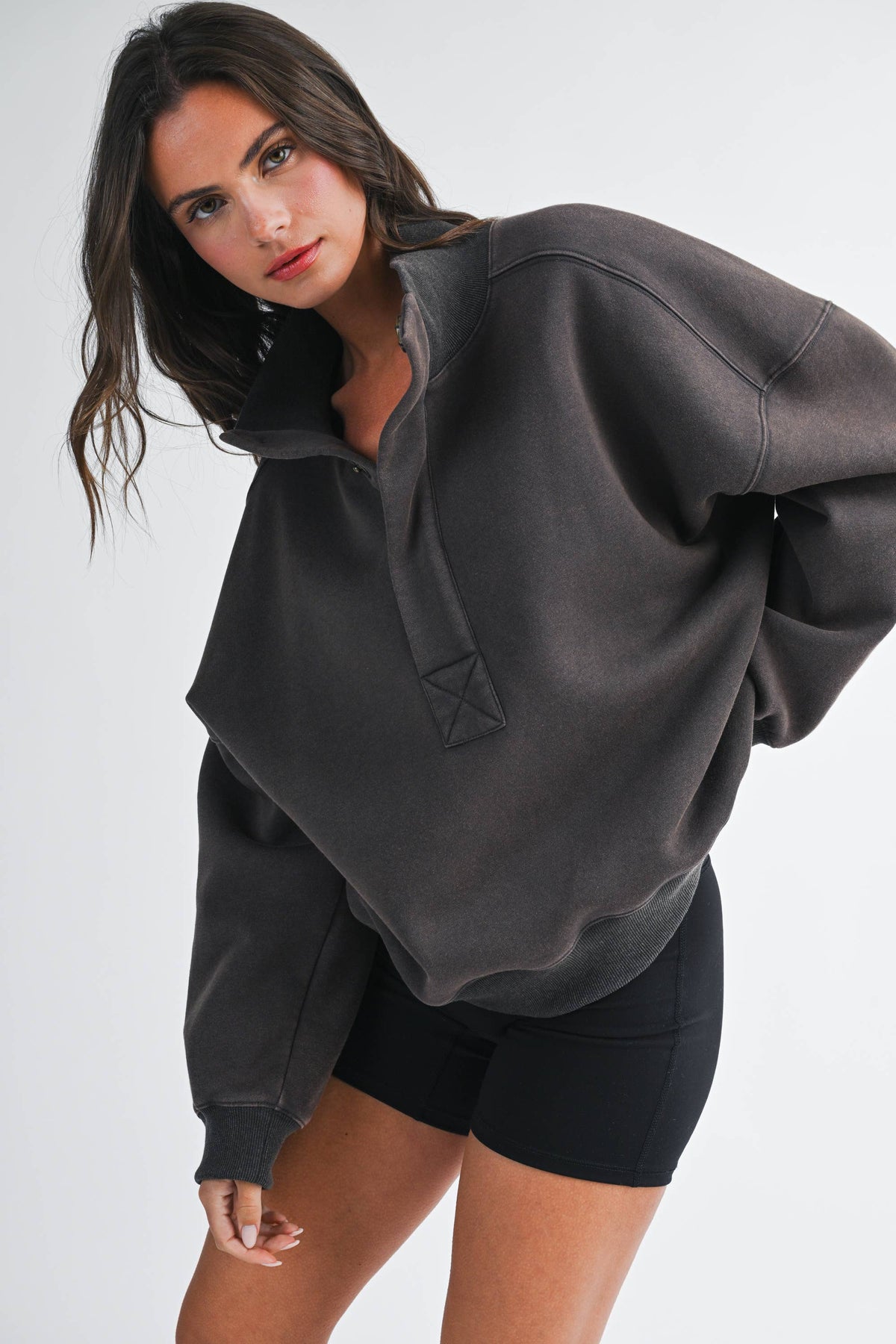 Oversized Snap Neck Pullover Sweatshirt