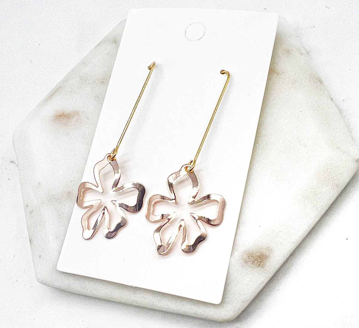 Rose Gold Metal Flower Gold Long Drop Earrings Floral