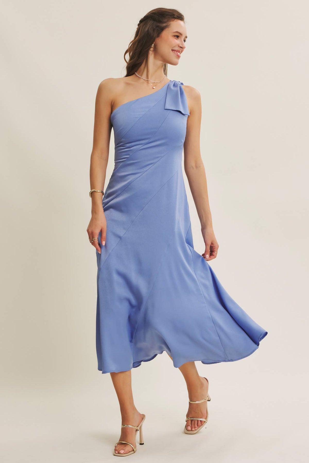 PARTY GLAM ONE-SHOULDER BOW MIDI DRESS W/ SCULPTING SEAM