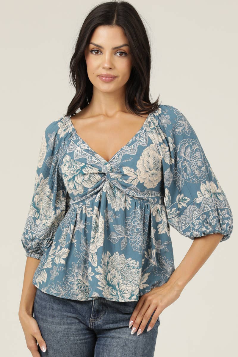 Twist Front Floral Print Blouse